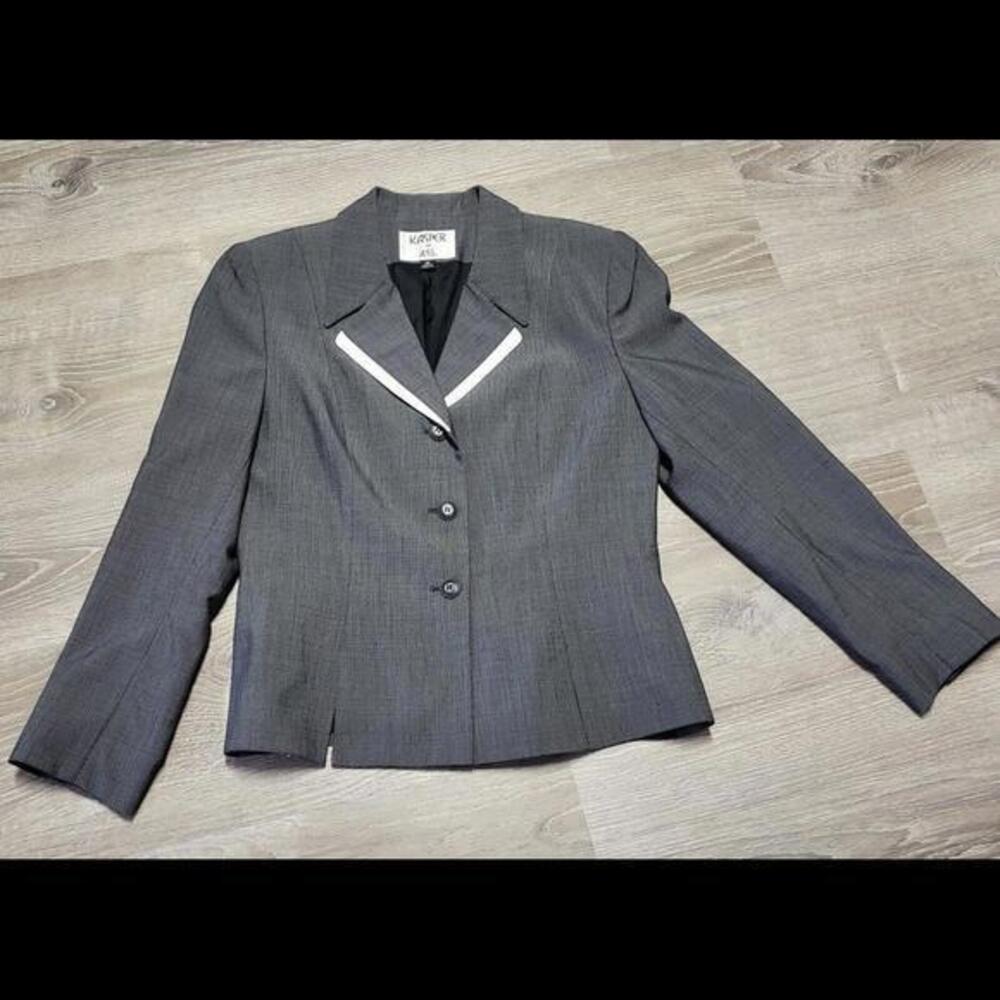 KASPER Grey White Trim Suit Blazer Jacket Size 10 Three Button‎ Front Vented